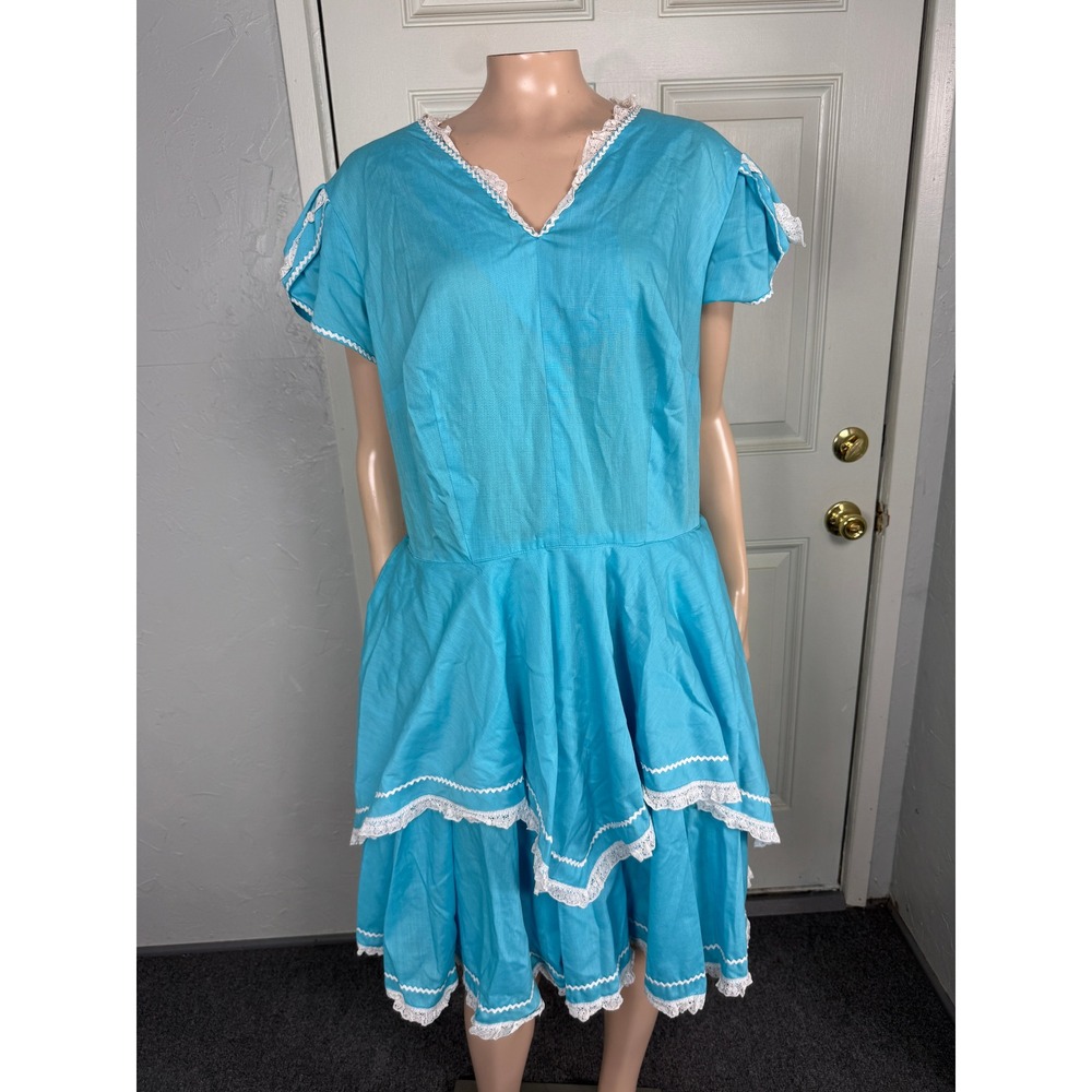 Vintage 70s Kate Schorer Dress Cottage Cotton Western Square Dance Lace K3-25